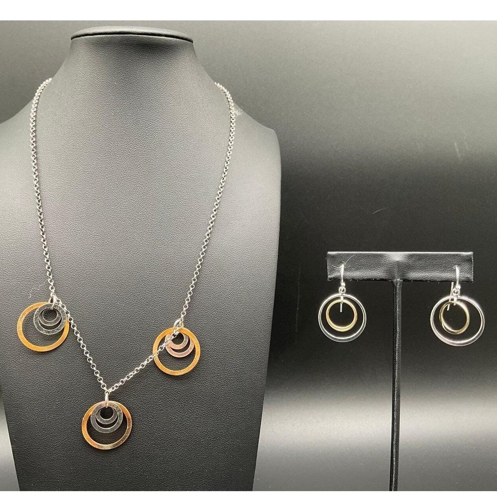 Sterling Silver Tri-Tone Concentric Circle Necklace and Earring Set Mixed Metal